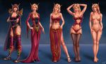  armor barefoot blonde_hair blood_elf breasts cleavage crossed_arms dress elf garter_straps green_eyes highres hood jewelry large_breasts long_hair looking_at_viewer midriff multiple_views navel nipples nude personal_ami pointy_ears pussy sandals tattoo thighhighs uncensored warcraft world_of_warcraft 