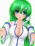  bad_id bad_pixiv_id blue_eyes blush breasts cleavage collarbone detached_sleeves frog_hair_ornament green_hair hair_ornament highres incoming_hug kochiya_sanae large_breasts looking_at_viewer open_mouth outline outstretched_hand shirt snake_hair_ornament solo tapisuke touhou upper_body white_background 