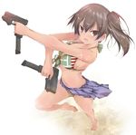  alternate_costume bikini brown_eyes brown_hair dual_wielding glock gun handgun holding kaga_(kantai_collection) kantai_collection looking_at_viewer machine_pistol navel sarong side_ponytail solo swimsuit weapon yumesato_makura 