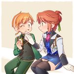  1boy 1girl anna_(frozen) boots breasts brown_hair disney frozen_(disney) genderswap gloves hans_(frozen) kiri_futoshi knee_boots orange_hair sandwich skirt small_breasts thighhighs wink 