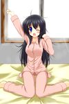  ;o arm_up bed black_hair blue_eyes eyebrows_visible_through_hair feet_out_of_frame highres long_hair looking_at_viewer one_eye_closed open_mouth original pajamas sitting sogaya solo stretch waking_up wariza window 