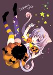  :d \m/ animal_ears asymmetrical_legwear cat_ears cat_tail dated detached_sleeves gloves hair_ornament hairclip holding long_hair looking_at_viewer mismatched_legwear open_mouth original purple_eyes purple_hair smile solo tail thighhighs tokumi_yuiko wand white_gloves zettai_ryouiki 
