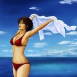  armpits artist_name bikini breasts brown_hair cleavage cloud cloudy_sky day dress_shirt ebi_(eeotoko) highres medium_breasts navel ocean original shirt short_hair signature sky solo swimsuit 