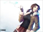  artist_name black_gloves black_lagoon brown_eyes brown_hair cigarette fingerless_gloves fur_trim gloves grin jacket kei-suwabe long_hair looking_at_viewer ponytail revy_(black_lagoon) skirt smile solo sweater twitter_username upper_body 