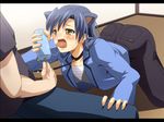  1boy 1girl all_fours animal_ears ass blue_hair blush collar denim domination extra_ears gold_eyes idolmaster jeans kemonomimi_mode kisaragi_chihaya leash long_hair open_mouth pants popsicle saliva saliva_trail sexually_suggestive shin&#039;ya_(nanp) shin'ya_(nanp) tongue tongue_out yellow_eyes 