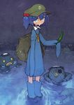  backpack bag blue_eyes blue_hair boots cucumber dress drooling eyepatch food hair_bobbles hair_ornament hat highres holding holding_food kappa kawashiro_nitori key long_sleeves nail_polish open_mouth pink_nails pocket rubber_boots short_hair short_twintails sleeves_past_wrists solo standing sweater tearing_up tears teeth tekito03 touhou twintails two_side_up vegetable very_long_sleeves wading water 