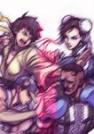  2girls bad_id bad_twitter_id baseball_cap black_hair boxing_gloves braid brown_hair bun_cover choker chun-li colorized dark_skin double_bun dougi dudley facial_hair fighting_stance hat highres makoto_(street_fighter) multiple_boys multiple_girls mustache ribbon_choker short_hair single_braid street_fighter street_fighter_iii_(series) yoshihara_motoki yun_lee 