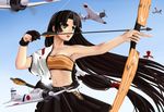  aircraft airplane archery armpits arrow ashi black_hair bow bow_(weapon) breasts gloves hadanugi_dousa japanese_clothes kantai_collection kyuudou large_breasts long_hair mizuki_(mizuki_ame) partly_fingerless_gloves shouhou_(kantai_collection) skirt solo very_long_hair weapon yugake 