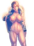  ass_visible_through_thighs blonde_hair breasts coat commentary_request flashing fur-trimmed_coat fur_collar fur_trim katou_teppei large_breasts lips looking_at_viewer navel nipples no_bra no_pants no_shirt open_clothes open_coat panties resident_evil resident_evil_6 sherry_birkin short_hair side-tie_panties sketch solo underwear 