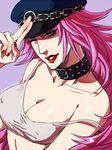  ;) bare_shoulders blue_eyes breasts cleavage collar covered_nipples elina_kuroe_no_daarin final_fight grin hat large_breasts lipstick long_hair makeup one_eye_closed peaked_cap pink_hair poison_(final_fight) salute smile solo strap_slip studded_collar tank_top 