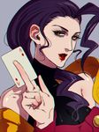  :d ace ahoge bare_shoulders breasts brown_eyes card chromatic_aberration dated diamond_(shape) elina_kuroe_no_daarin eyeshadow grey_background hair_over_shoulder hair_slicked_back halterneck holding holding_card lipstick long_hair looking_at_viewer makeup medium_breasts nose open_mouth playing_card purple_hair rose_(street_fighter) shawl signature simple_background single_hair_intake smile solo street_fighter taut_clothes upper_body wavy_hair 