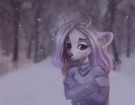  black_eyes blurred_background cervine clothing female fur horn mammal sarkarozka snow solo white_fur 