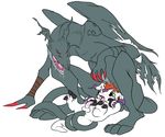  anal anal_penetration balls bandai beelzemon_(artist) claws colored crouching devidramon digimon dragon drooling dubcon flat_colors gay gomamon lying male on_back open_mouth penetration penis saliva seal size_difference tail_sex 