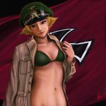  artist_name blonde_hair bra breasts ebi_(eeotoko) erwin_(girls_und_panzer) flag girls_und_panzer groin highres jacket jacket_on_shoulders looking_at_viewer medium_breasts navel open_clothes open_jacket red_eyes ribs signature solo underwear 