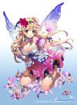  arm_garter bare_shoulders barefoot breasts bug butterfly cleavage copyright_name dress fairy_wings flower hair_flower hair_ornament insect iris_(soccer_spirits) kneeling large_breasts official_art parted_lips pointy_ears soccer_spirits solo tob wings 