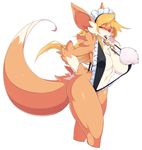  areola big_breasts big_tail blonde_hair blush breasts canine clothing erect_nipples female fox hair half-closed_eyes hand_on_hip long_hair long_tail looking_at_viewer maid maid_uniform mammal navel nipples open_mouth plain_background puffy_nipples slugbox solo swimsuit teeth thick_thighs tongue white_background wide_hips yellow_eyes 