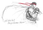  bad_id bad_twitter_id black_hair dougi fingerless_gloves gloves graphite_(medium) headband male_focus merry_christmas muscle ryuu_(street_fighter) sack sketch sleeveless solo spot_color street_fighter traditional_media yoshihara_motoki 