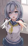 absurdres blue_eyes blush breasts gloves grey_hair hair_ornament hairclip hamakaze_(kantai_collection) heart heart-shaped_pupils highres jewelry kantai_collection looking_at_viewer medium_breasts monoto open_mouth outstretched_arms ring school_uniform serafuku short_hair short_sleeves single_glove skirt solo symbol-shaped_pupils translated twitter_username upper_body wedding_ring white_gloves 