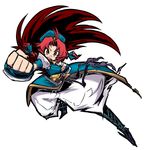  alternate_eye_color bandaid bandaid_on_nose braid clenched_hand fighting_stance foreshortening hat hong_meiling long_hair mutsuki_riichi open_mouth pants puffy_pants red_eyes red_hair simple_background solo touhou twin_braids white_background 