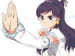  arm_warmers azuma_yukihiko blue_eyes blue_hair blush cure_white detached_sleeves dress earrings eyelashes fighting_stance futari_wa_precure futari_wa_precure_max_heart jewelry long_hair looking_afar magical_girl precure serious simple_background sketch solo standing white_background white_dress yukishiro_honoka 