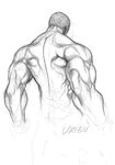  back bad_id bad_twitter_id character_name from_behind graphite_(medium) greyscale highres male_focus monochrome muscle shirtless sketch solo street_fighter street_fighter_iii_(series) traditional_media urien yoshihara_motoki 