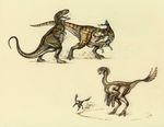  blood dinosaur dinosaurs fight gun himmapaan pistol plain_background ranged_weapon scalie tyrannosaurus_rex weapon 