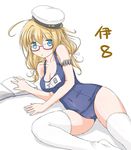  ahoge arm_strap bare_shoulders blonde_hair blue_eyes blush book breasts cameltoe character_name cleavage collarbone covered_navel glasses hat i-8_(kantai_collection) jack_(slaintheva) kantai_collection long_hair looking_at_viewer lying medium_breasts on_side one-piece_swimsuit red-framed_eyewear school_swimsuit semi-rimless_eyewear solo swimsuit thighhighs under-rim_eyewear white_background white_legwear 