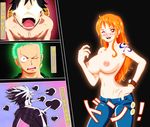  3boys bangle black_hair bracelet breasts earrings green_hair hat highres jewelry log_pose long_hair monkey_d_luffy multiple_boys nami_(one_piece) nipples one-eyed one_piece orange_hair petrification roronoa_zoro sanji scar scar_across_eye straw_hat tattoo topless translated 