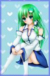 blue_background blue_border blue_eyes blush border breasts cleavage collarbone detached_sleeves facing_viewer frog_hair_ornament green_hair hair_ornament heart highres impossible_clothes impossible_shirt knees_together_feet_apart kochiya_sanae large_breasts panties pantyshot pantyshot_(sitting) patterned_background shirt sitting skirt snake_hair_ornament solo tapisuke thighhighs touhou underwear white_legwear white_panties 