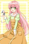  :d antenna_hair casual collarbone eyebrows_visible_through_hair fairy_(jintai) green_eyes highres jinrui_wa_suitai_shimashita long_hair looking_at_viewer open_mouth pink_hair size_difference smile sogaya very_long_hair watashi_(jintai) 