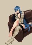  absurdres akame_ga_kill! atama_c bad_id bad_pixiv_id barefoot blue_eyes blue_hair boots breasts choker cleavage esdeath finger_to_mouth high_heel_boots high_heels highres large_breasts long_hair military military_uniform nail_polish panties pantyshot pantyshot_(sitting) shoes single_shoe sitting solo thigh_boots thighhighs toes underwear uniform very_long_hair white_panties 