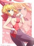  alternate_costume animal_ears ass bare_shoulders blonde_hair breasts bunny_ears bunnysuit fate/extra fate_(series) green_eyes hand_on_hip heart heart_background medium_breasts nero_claudius_(fate) nero_claudius_(fate)_(all) ookami_maito pantyhose pink_background short_hair sideboob smile solo twitter_username zoom_layer 