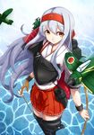  absurdres aircraft airplane asya boots bow_(weapon) brown_eyes hairband highres japanese_clothes kantai_collection long_hair muneate shoukaku_(kantai_collection) silver_hair skirt solo thigh_boots thighhighs very_long_hair weapon 