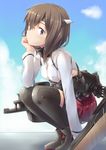  bike_shorts blue_sky breasts brown_eyes brown_hair chin_rest covered_nipples day elbow_on_knee flight_deck headgear highres kantai_collection long_sleeves looking_at_viewer medium_breasts pleated_skirt red_skirt short_hair skirt sky solo spirytus_tarou squatting taihou_(kantai_collection) thighhighs 