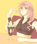  1girl apo_(13-ff-too-love) asymmetrical_hair blue_eyes eating final_fantasy final_fantasy_xiii lightning_farron open_collar parfait pink_hair sleeveless solo spoon table vest yellow_background 