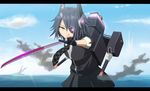  anime_coloring checkered checkered_neckwear eyepatch fingerless_gloves gloves headgear kantai_collection looking_at_viewer machinery necktie purple_hair short_hair smoke solo sword tenryuu_(kantai_collection) tomon_(slash0410) turret weapon yellow_eyes 