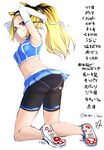  adjusting_hair animal_ears ass bike_shorts blonde_hair cat_ears commentary elbow_gloves glasses gloves highres long_hair looking_at_viewer midriff momo_(higanbana_and_girl) original pleated_skirt red_eyes skirt solo translated tsurime twisted_torso twitter_username tying_hair white_background 