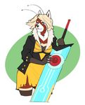  antennae anthro arthropod bee blonde_hair blue_eyes breasts clothing cosplay dress fingernails hair hybrid insect jacket legwear looking_at_viewer lurue mammal plain_background red_panda solo spearfrost stockings sword torn_clothing transistor weapon 