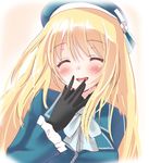  :d ^_^ ascot atago_(kantai_collection) bad_id bad_pixiv_id beret black_gloves blonde_hair blue_dress blush closed_eyes dress facing_viewer finger_to_mouth frilled_sleeves frills gloves hat kantai_collection kazushima long_hair long_sleeves military military_uniform open_mouth smile uniform upper_body 