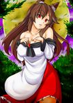  animal_ears bad_id bad_pixiv_id bare_shoulders breasts brooch brown_hair cleavage collarbone fang full_moon hands_on_own_chest imaizumi_kagerou jewelry large_breasts long_hair long_sleeves looking_at_viewer memento_mori_(m.m) moon nail_polish night off_shoulder open_mouth red_eyes red_nails shirt skirt sky solo tail touhou wide_sleeves wolf_ears wolf_tail 