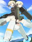  asoka back-to-back blonde_hair blue_eyes brown_hair erica_hartmann glasses gun holding_hands military military_uniform multicolored_hair multiple_girls no_pants open_mouth panties rocket_launcher short_hair siblings sisters strike_witches striker_unit twins two-tone_hair underwear uniform ursula_hartmann weapon weapon_request world_witches_series 
