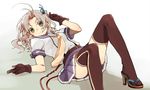  belt bow gloves green_eyes hair_ribbon high_heels hita_(hitapita) kantai_collection kinugasa_(kantai_collection) long_legs looking_at_viewer lying necktie on_back one_side_up remodel_(kantai_collection) ribbon sandals school_uniform serafuku short_sleeves silver_hair single_vertical_stripe skirt smile solo thighhighs yellow_neckwear 