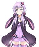  ahoge animal_ears animal_hood blush bunny_ears bunny_hood coat cowboy_shot dress frilled_dress frills hair_ornament hand_on_own_chest hood hood_down kuroganeruto looking_at_viewer low_twintails open_clothes open_coat purple_dress purple_hair purple_legwear ribbed_dress ribbed_sweater simple_background solo sweater thighhighs twintails vocaloid voiceroid white_background yuzuki_yukari zettai_ryouiki 
