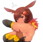  1girl armpits breasts brown_hair cleavage elbow_gloves emboar fang gen_5_pokemon gloves hair_ornament hizuki_akira large_breasts open_mouth personification pinching pokemon pov pov_hands red_eyes solo_focus tan tears transparent_limb 