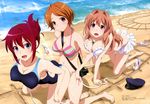  absurdres beach bikini blue_eyes breasts brown_hair camera cleavage competition_swimsuit detexted feet folded_ponytail hat highres kondou_gen'ichirou koumi_haruka large_breasts legs medium_breasts multiple_girls non-web_source ocean official_art one-piece_swimsuit open_mouth rail_wars! red_eyes red_hair sakurai_aoi sasshou_mari smile striped striped_bikini striped_swimsuit swimsuit third-party_edit water 