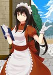  ;) black_hair brown_eyes gloves highres holding kafra kurohachiboku long_hair looking_at_viewer maid maid_headdress one_eye_closed pointing ragnarok_online smile solo white_gloves 