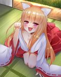  animal_ears blonde_hair breasts cleavage fang fox_ears fox_girl highres japanese_clothes kenmomose large_breasts long_hair looking_at_viewer miko open_mouth original paw_pose red_eyes short_eyebrows solo tatami wide_sleeves 