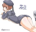  ass blush bottomless brown_eyes brown_hair character_name clothes_writing elbow_rest hat jack_(slaintheva) kantai_collection leg_up long_sleeves lying military military_uniform on_stomach sailor_collar sailor_hat shadow short_hair simple_background solo twitter_username uniform white_background z3_max_schultz_(kantai_collection) 