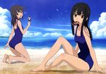  absurdres barefoot beach black_hair brown_eyes card cloud day detexted feet hanayo_(wixoss) highres kominato_ruuko kurebayashi_yuzuki legs long_hair long_legs mouth_hold multiple_girls non-web_source ocean official_art one-piece_swimsuit outdoors sakai_kyuuta school_swimsuit selector_wixoss sky swimsuit tama_(wixoss) third-party_edit water wixoss 