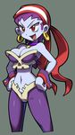  :d absurdres alternate_headwear bandana bare_shoulders blue_skin breasts bustier choker cleavage cropped_legs earrings eyeliner grin hands_on_hips highres hoop_earrings jewelry large_breasts lipstick makeup makoto_yabe navel official_art open_mouth pantyhose pirate purple_hair purple_lipstick red_eyes risky_boots shantae_(series) shantae_and_the_pirate's_curse simple_background skull smile solo standing v-shaped_eyebrows wrist_cuffs 
